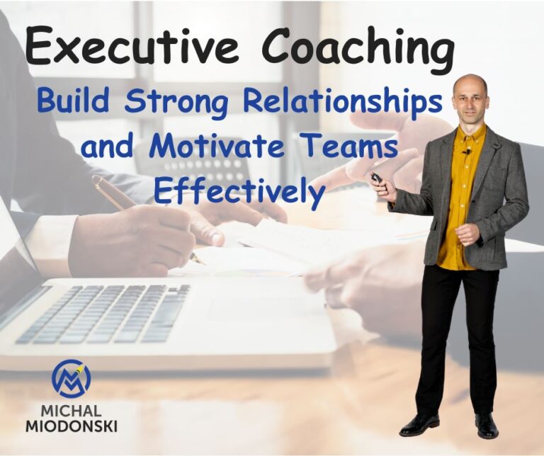 Cexecutive coach Michal Miodonski presenting title of the article showing his abiulity to lead top managers to success